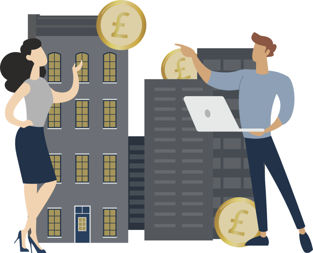 Illustration of property investors discussing financial growth with pound symbols and buildings, representing Goldhouse Accounting’s expertise in assisting LTD company property investors.