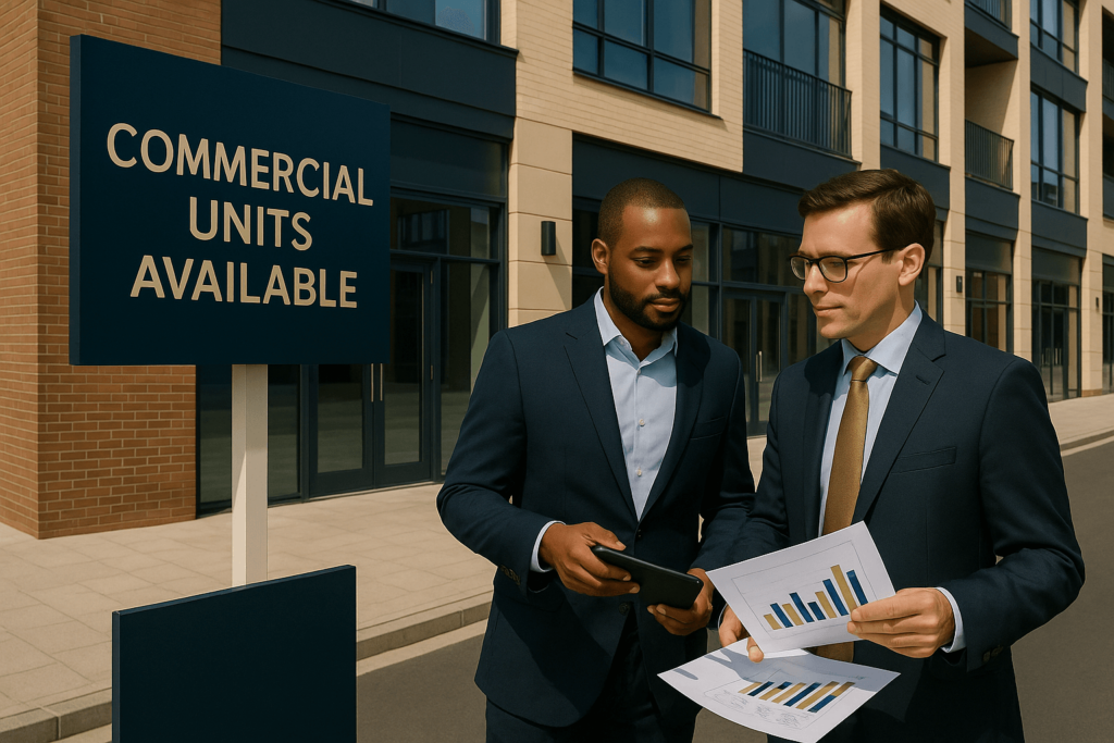 1 men holding documents with graphs outside commercial properties with a units available sign