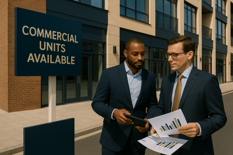 1 men holding documents with graphs outside commercial properties with a units available sign